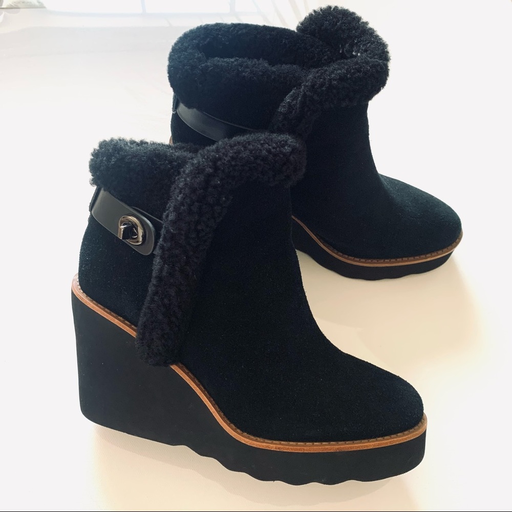 Coach Black Suede x Shearling Wedge Boots